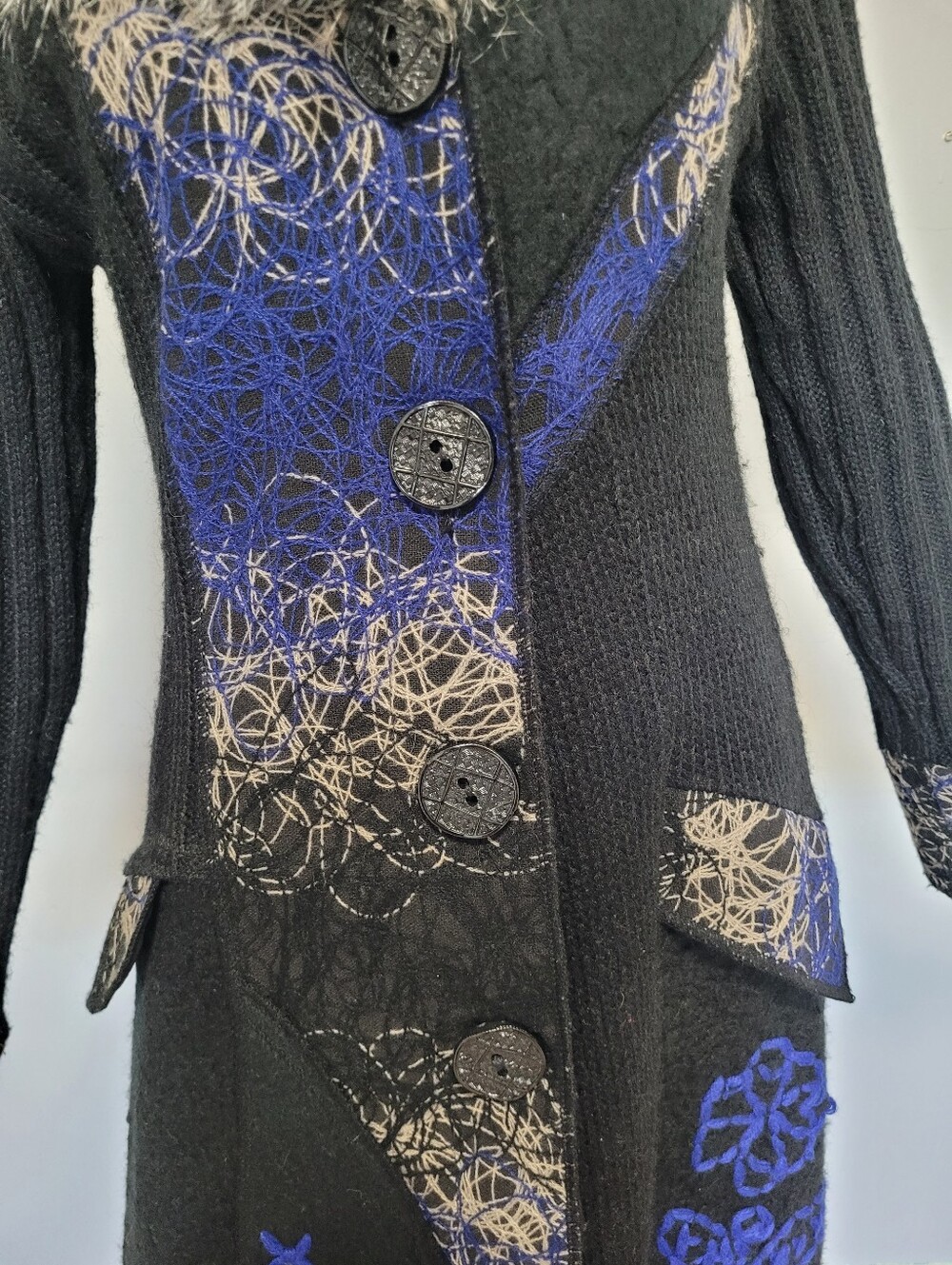 Papillon Art-to-Wear Embroidered Knit Sweater Coat with Faux Fur Collar, Size M - Picture 3 of 9